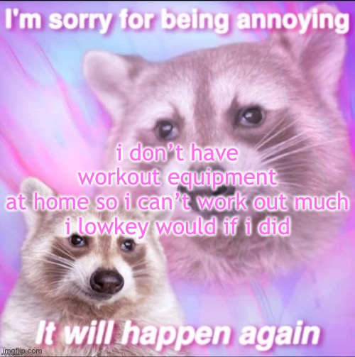sorry for being annoying | i don’t have workout equipment at home so i can’t work out much

i lowkey would if i did | image tagged in sorry for being annoying | made w/ Imgflip meme maker
