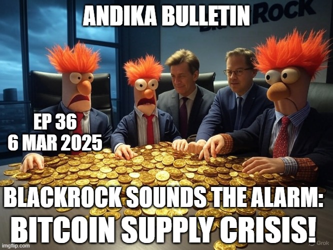 ANDIKA BULLETIN | ANDIKA BULLETIN; EP 36 6 MAR 2025; BLACKROCK SOUNDS THE ALARM:; BITCOIN SUPPLY CRISIS! | image tagged in beaker,crypto | made w/ Imgflip meme maker