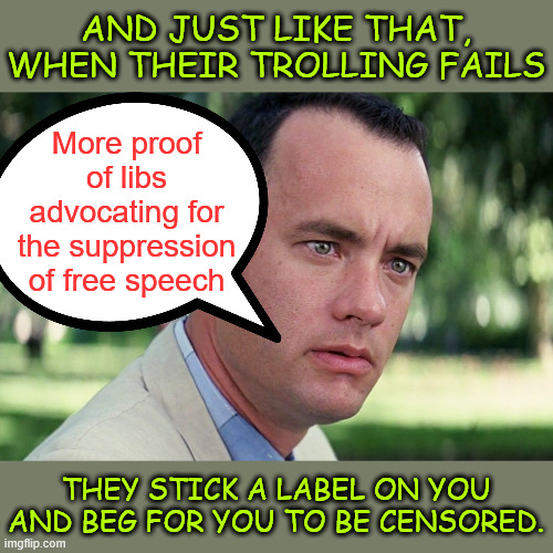 And Just Like That Meme | AND JUST LIKE THAT, WHEN THEIR TROLLING FAILS; More proof of libs advocating for the suppression of free speech; THEY STICK A LABEL ON YOU AND BEG FOR YOU TO BE CENSORED. | image tagged in memes,and just like that | made w/ Imgflip meme maker