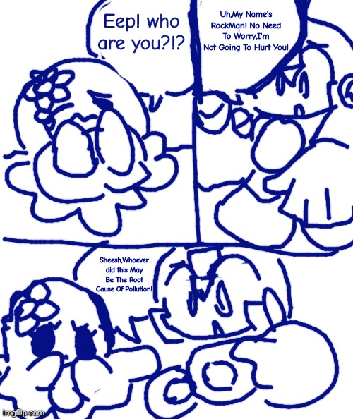 RockMan Murasaki Page 1 | Uh,My Name's RockMan! No Need To Worry,I'm Not Going To Hurt You! Eep! who are you?!? Sheesh,Whoever did this May Be The Root Cause Of Pollution! | image tagged in rockman murasaki,megaman,squishmallow,squiggles,tummy rub | made w/ Imgflip meme maker