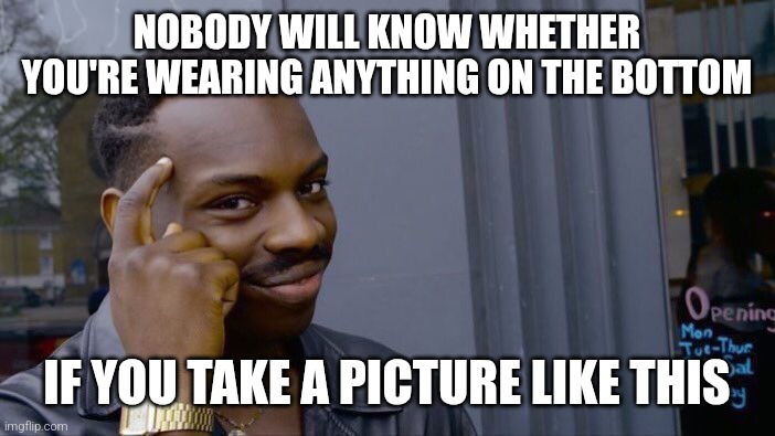 Lit | NOBODY WILL KNOW WHETHER YOU'RE WEARING ANYTHING ON THE BOTTOM; IF YOU TAKE A PICTURE LIKE THIS | image tagged in memes,roll safe think about it,fun,dank memes,meme | made w/ Imgflip meme maker