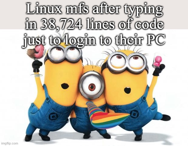 Minion party despicable me | Linux mfs after typing in 38,724 lines of code just to login to their PC | image tagged in minion party despicable me | made w/ Imgflip meme maker