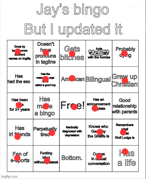 Jay’s bingo | "Acts"? | image tagged in jay s bingo | made w/ Imgflip meme maker