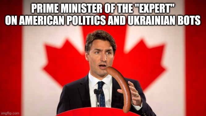 Justin Trudeau | PRIME MINISTER OF THE "EXPERT" ON AMERICAN POLITICS AND UKRAINIAN BOTS | image tagged in justin trudeau | made w/ Imgflip meme maker