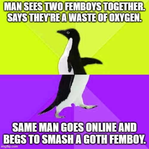 the duality of man. | MAN SEES TWO FEMBOYS TOGETHER. SAYS THEY'RE A WASTE OF OXYGEN. SAME MAN GOES ONLINE AND BEGS TO SMASH A GOTH FEMBOY. | image tagged in socially stupidly backwards penguin | made w/ Imgflip meme maker