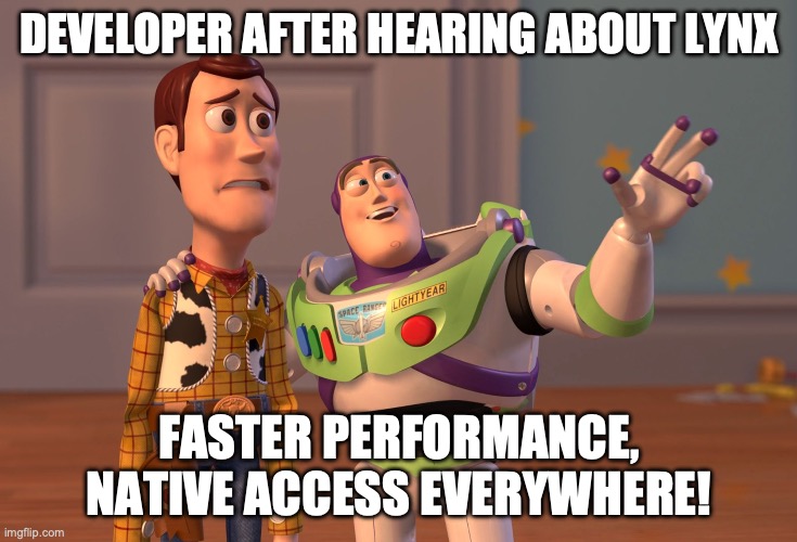 linx | DEVELOPER AFTER HEARING ABOUT LYNX; FASTER PERFORMANCE, NATIVE ACCESS EVERYWHERE! | image tagged in memes,x x everywhere | made w/ Imgflip meme maker