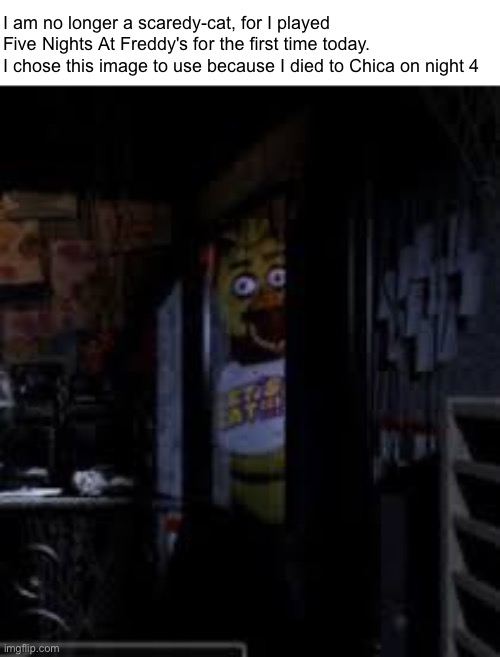 yes, finally. finally i am a real member of the fnaf community | I am no longer a scaredy-cat, for I played Five Nights At Freddy's for the first time today.
I chose this image to use because I died to Chica on night 4 | image tagged in chica looking in window fnaf,fnaf,i never know what to put for tags | made w/ Imgflip meme maker