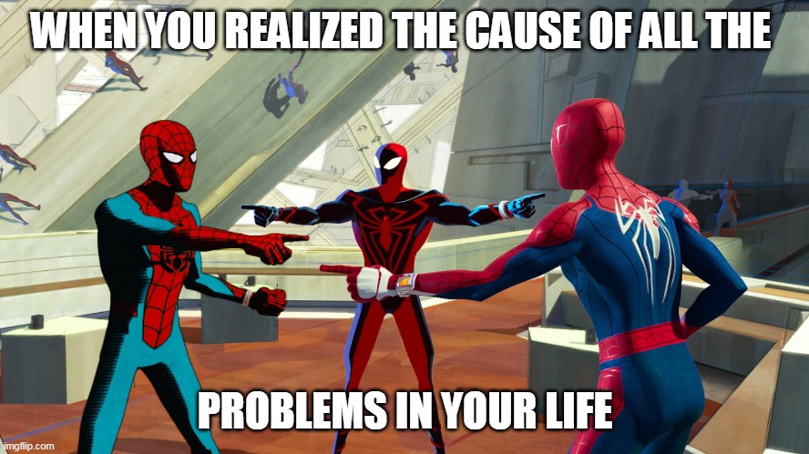 When you realized the cause of all the problems in your life | WHEN YOU REALIZED THE CAUSE OF ALL THE; PROBLEMS IN YOUR LIFE | image tagged in spiderman,funny,multiverse,spiderverse,problems | made w/ Imgflip meme maker