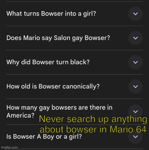 I was looking up something about bowser in Mario 64 and saw this | Never search up anything about bowser in Mario 64 | made w/ Imgflip meme maker