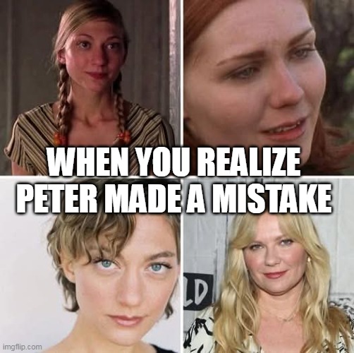 when you realize peter made a mistake | WHEN YOU REALIZE PETER MADE A MISTAKE | image tagged in spiderman,funny,peter parker,mary jane,mistake | made w/ Imgflip meme maker