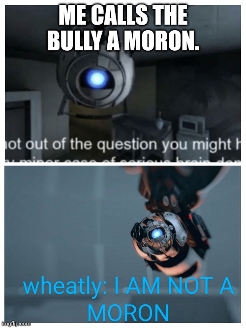 Wheatly argument | ME CALLS THE BULLY A MORON. | image tagged in portal 2 | made w/ Imgflip meme maker