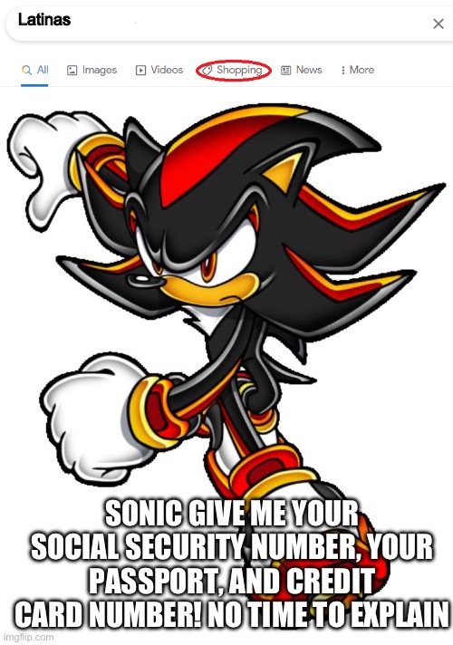 Shadow does want his Latinas right now | Latinas; SONIC GIVE ME YOUR SOCIAL SECURITY NUMBER, YOUR PASSPORT, AND CREDIT CARD NUMBER! NO TIME TO EXPLAIN | image tagged in google shop,shadow the hedgehog | made w/ Imgflip meme maker