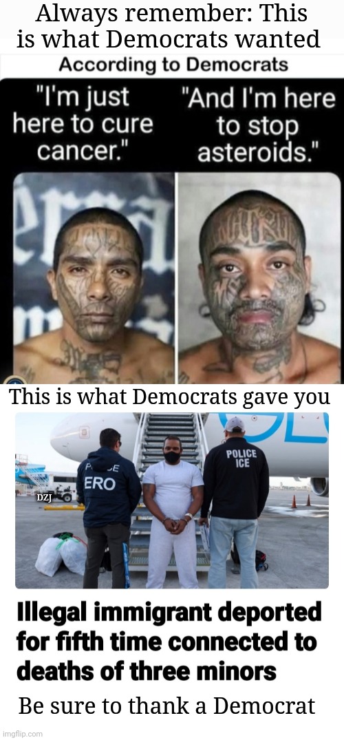 THANKS DIMS! | Always remember: This is what Democrats wanted; This is what Democrats gave you; DZJ; Be sure to thank a Democrat | image tagged in democrats,love you,illegal immigrants,psychopaths and serial killers,butthurt liberals | made w/ Imgflip meme maker