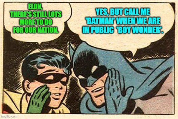 A DOGE team member and Elon on the job. | ELON,  THERE'S STILL LOTS MORE TO DO FOR OUR NATION. YES, BUT CALL ME 'BATMAN' WHEN WE ARE IN PUBLIC  'BOY WONDER'. | image tagged in batman and robin | made w/ Imgflip meme maker