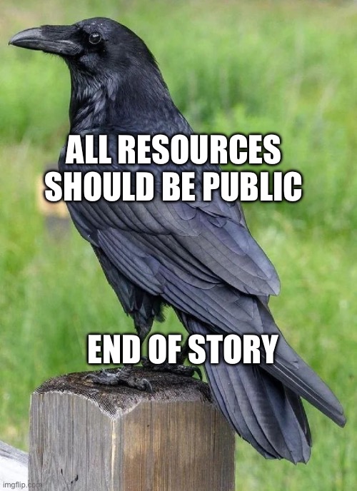 All should get their needs | ALL RESOURCES SHOULD BE PUBLIC; END OF STORY | image tagged in raven | made w/ Imgflip meme maker