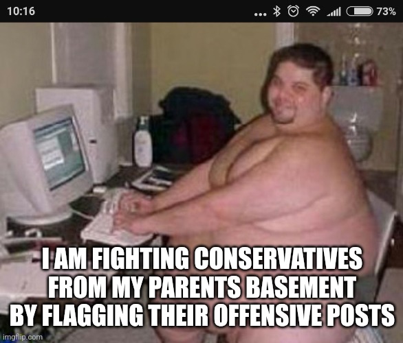 I AM FIGHTING CONSERVATIVES FROM MY PARENTS BASEMENT BY FLAGGING THEIR OFFENSIVE POSTS | image tagged in fat man at work | made w/ Imgflip meme maker