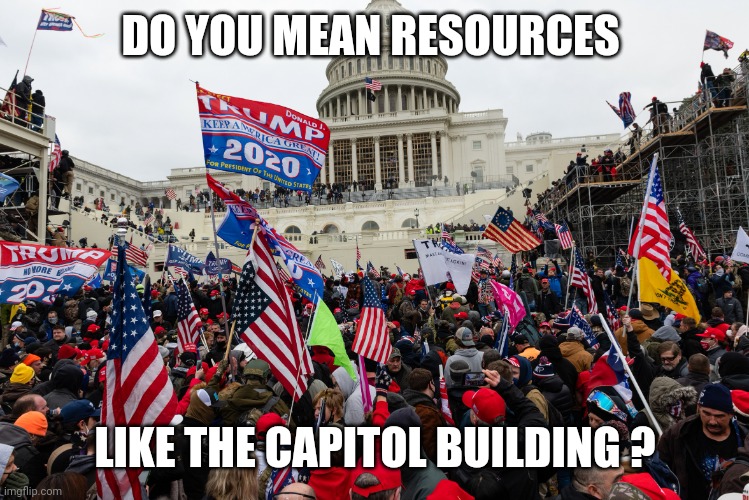 Jan 6 riot Capitol | DO YOU MEAN RESOURCES LIKE THE CAPITOL BUILDING ? | image tagged in jan 6 riot capitol | made w/ Imgflip meme maker