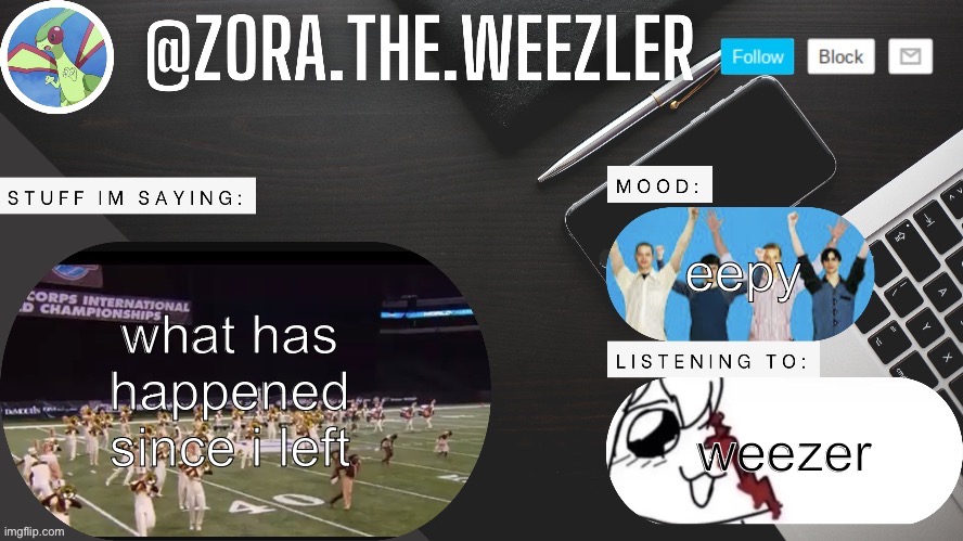 i got extremely busy recently with wg so i have been gone | eepy; what has happened since i left; weezer | image tagged in zora s temp made by grace | made w/ Imgflip meme maker