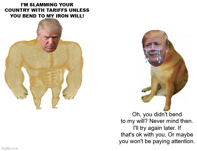 Dough-boy Donny made to look like a fool by Canada & Mexico. Again. | I'M SLAMMING YOUR COUNTRY WITH TARIFFS UNLESS YOU BEND TO MY IRON WILL! Oh, you didn't bend to my will? Never mind then. I'll try again later. If that's ok with you. Or maybe you won't be paying attention. | image tagged in don the con trump,dough boy donny trump,maga suckers,how are your egg prices doing | made w/ Imgflip meme maker