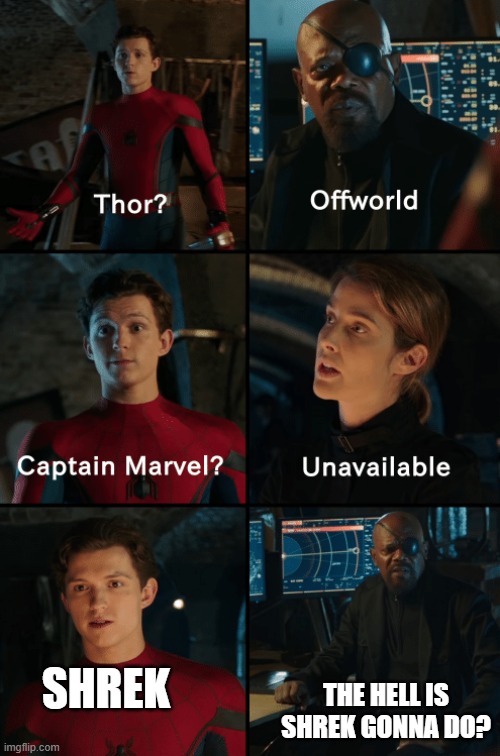 Thor off-world captain marvel unavailable | THE HELL IS SHREK GONNA DO? SHREK | image tagged in thor off-world captain marvel unavailable | made w/ Imgflip meme maker