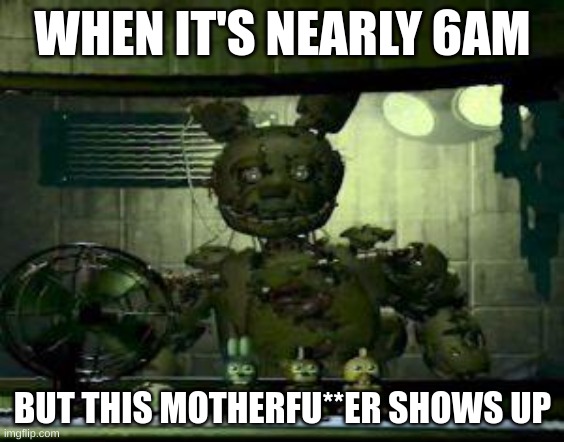 It always gets me | WHEN IT'S NEARLY 6AM; BUT THIS MOTHERFU**ER SHOWS UP | image tagged in fnaf springtrap in window | made w/ Imgflip meme maker