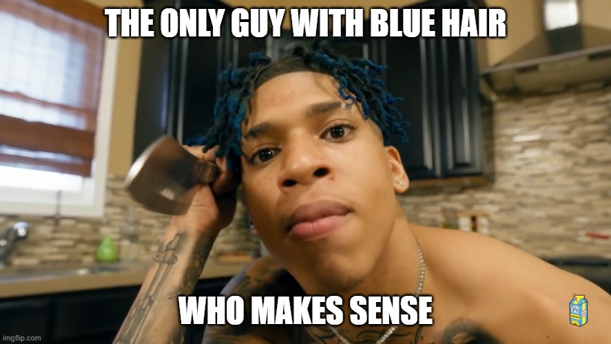 NLE Choppa | THE ONLY GUY WITH BLUE HAIR; WHO MAKES SENSE | image tagged in nle choppa | made w/ Imgflip meme maker
