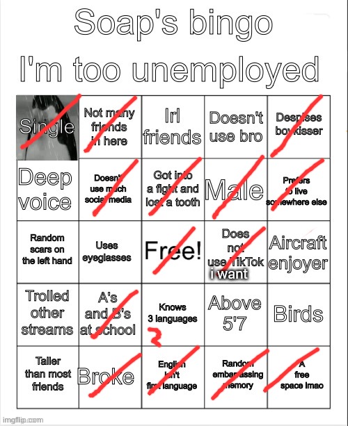 Soap's bingo | i want | image tagged in soap's bingo | made w/ Imgflip meme maker
