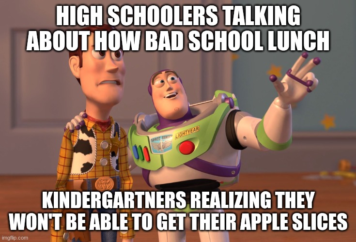 School_Be_Like | HIGH SCHOOLERS TALKING ABOUT HOW BAD SCHOOL LUNCH; KINDERGARTNERS REALIZING THEY WON'T BE ABLE TO GET THEIR APPLE SLICES | image tagged in memes,x x everywhere | made w/ Imgflip meme maker