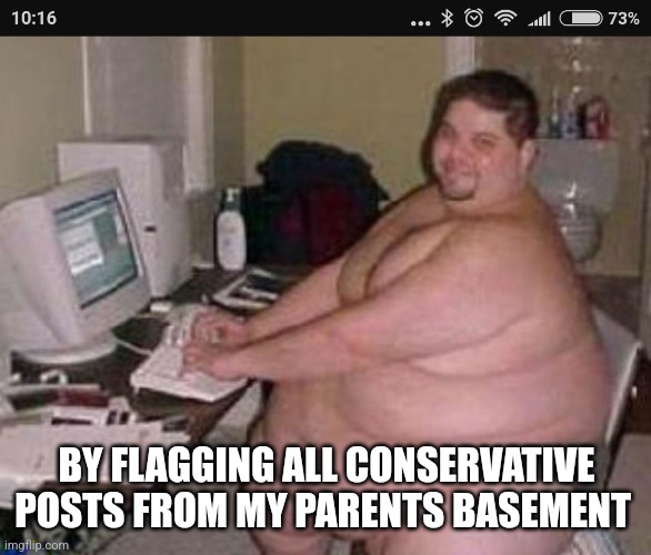 BY FLAGGING ALL CONSERVATIVE POSTS FROM MY PARENTS BASEMENT | image tagged in fat man at work | made w/ Imgflip meme maker