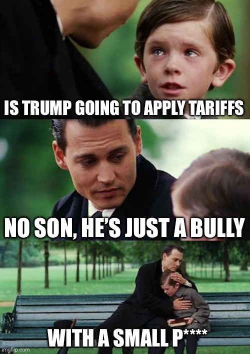 Finding Neverland | IS TRUMP GOING TO APPLY TARIFFS; NO SON, HE’S JUST A BULLY; WITH A SMALL P**** | image tagged in memes,finding neverland,donald trump | made w/ Imgflip meme maker