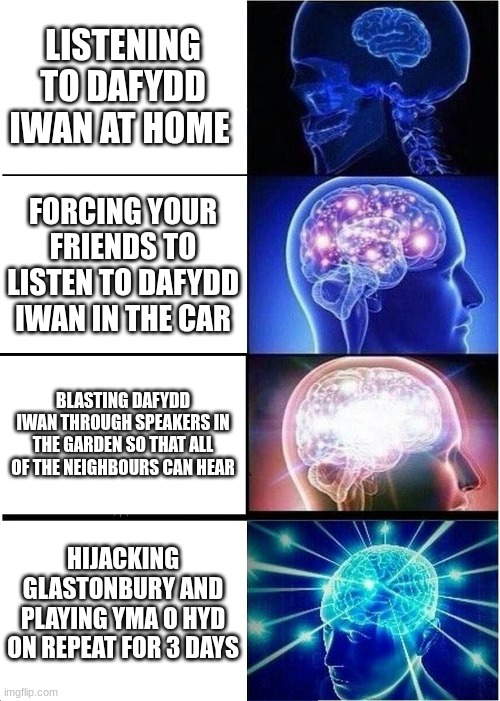 Expanding Brain | LISTENING TO DAFYDD IWAN AT HOME; FORCING YOUR FRIENDS TO LISTEN TO DAFYDD IWAN IN THE CAR; BLASTING DAFYDD IWAN THROUGH SPEAKERS IN THE GARDEN SO THAT ALL OF THE NEIGHBOURS CAN HEAR; HIJACKING GLASTONBURY AND PLAYING YMA O HYD ON REPEAT FOR 3 DAYS | image tagged in memes,expanding brain | made w/ Imgflip meme maker