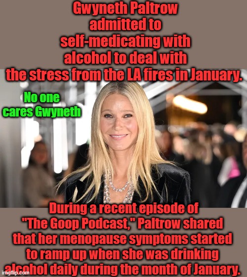 Gwyneth Paltrow admitted to self-medicating with alcohol to deal with the stress from the LA fires in January. No one cares Gwyneth; During a recent episode of "The Goop Podcast," Paltrow shared that her menopause symptoms started to ramp up when she was drinking alcohol daily during the month of January. | made w/ Imgflip meme maker