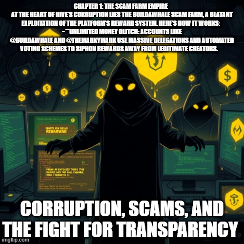 CHAPTER 1: THE SCAM FARM EMPIRE  
AT THE HEART OF HIVE’S CORRUPTION LIES THE BUILDAWHALE SCAM FARM, A BLATANT EXPLOITATION OF THE PLATFORM’S REWARD SYSTEM. HERE’S HOW IT WORKS:  
- **UNLIMITED MONEY GLITCH: ACCOUNTS LIKE @BUILDAWHALE AND @THEMARKYMARK USE MASSIVE DELEGATIONS AND AUTOMATED VOTING SCHEMES TO SIPHON REWARDS AWAY FROM LEGITIMATE CREATORS. CORRUPTION, SCAMS, AND THE FIGHT FOR TRANSPARENCY | made w/ Imgflip meme maker