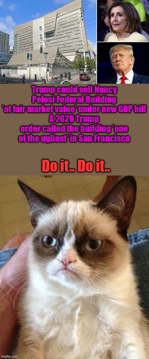 Trump should RICO NANCEY find out where she got her millions. | Trump could sell Nancy Pelosi Federal Building 'at fair market value' under new GOP bill
A 2020 Trump order called the building 'one of the ugliest' in San Francisco; Do it.. Do it.. | image tagged in memes,grumpy cat | made w/ Imgflip meme maker