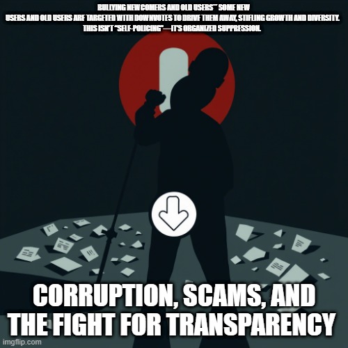 BULLYING NEWCOMERS AND OLD USERS** SOME NEW USERS AND OLD USERS ARE TARGETED WITH DOWNVOTES TO DRIVE THEM AWAY, STIFLING GROWTH AND DIVERSITY.  

THIS ISN’T “SELF-POLICING”—IT’S ORGANIZED SUPPRESSION. CORRUPTION, SCAMS, AND THE FIGHT FOR TRANSPARENCY | made w/ Imgflip meme maker