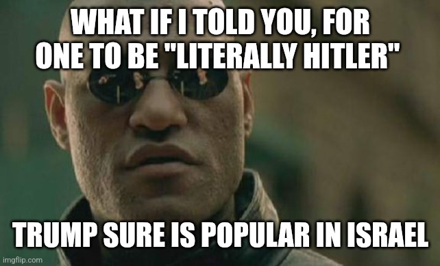 Trump's hitler | WHAT IF I TOLD YOU, FOR ONE TO BE "LITERALLY HITLER"; TRUMP SURE IS POPULAR IN ISRAEL | image tagged in memes,matrix morpheus | made w/ Imgflip meme maker