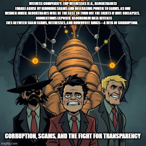 WITNESS COMPLICITY: TOP WITNESSES (E.G., BLOCKTRADES) ENABLE ABUSE BY IGNORING SCAMS AND DELEGATING POWER TO FARMS. AS ONE INSIDER JOKED: BLOCKTRADES WILL BE THE LAST TO TURN OFF THE LIGHTS IF HIVE COLLAPSES.  
- CONNECTIONS EXPOSED: BLOCKCHAIN DATA REVEALS TIES BETWEEN SCAM FARMS, WITNESSES, AND DOWNVOTE RINGS—A WEB OF CORRUPTION. CORRUPTION, SCAMS, AND THE FIGHT FOR TRANSPARENCY | made w/ Imgflip meme maker