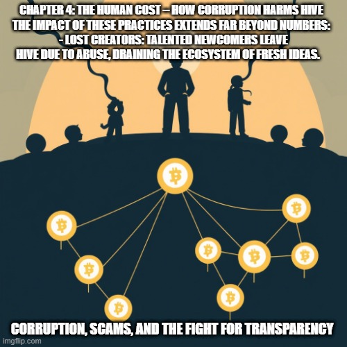 CHAPTER 4: THE HUMAN COST – HOW CORRUPTION HARMS HIVE  
THE IMPACT OF THESE PRACTICES EXTENDS FAR BEYOND NUMBERS:  
- LOST CREATORS: TALENTED NEWCOMERS LEAVE HIVE DUE TO ABUSE, DRAINING THE ECOSYSTEM OF FRESH IDEAS. CORRUPTION, SCAMS, AND THE FIGHT FOR TRANSPARENCY | made w/ Imgflip meme maker