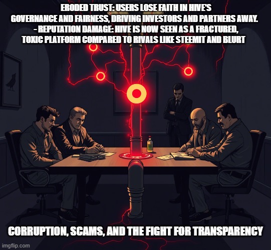 ERODED TRUST: USERS LOSE FAITH IN HIVE’S GOVERNANCE AND FAIRNESS, DRIVING INVESTORS AND PARTNERS AWAY.  
- REPUTATION DAMAGE: HIVE IS NOW SEEN AS A FRACTURED, TOXIC PLATFORM COMPARED TO RIVALS LIKE STEEMIT AND BLURT; CORRUPTION, SCAMS, AND THE FIGHT FOR TRANSPARENCY | made w/ Imgflip meme maker