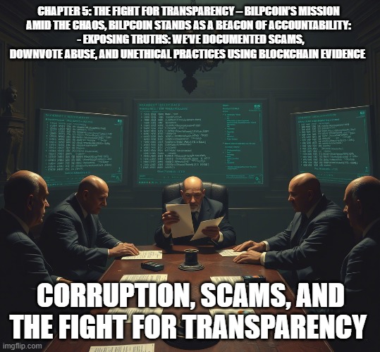 CHAPTER 5: THE FIGHT FOR TRANSPARENCY – BILPCOIN’S MISSION  
AMID THE CHAOS, BILPCOIN STANDS AS A BEACON OF ACCOUNTABILITY:  
- EXPOSING TRUTHS: WE’VE DOCUMENTED SCAMS, DOWNVOTE ABUSE, AND UNETHICAL PRACTICES USING BLOCKCHAIN EVIDENCE; CORRUPTION, SCAMS, AND THE FIGHT FOR TRANSPARENCY | made w/ Imgflip meme maker