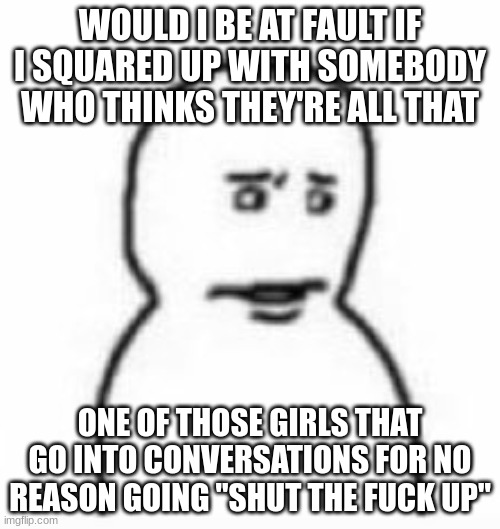 excuse me | WOULD I BE AT FAULT IF I SQUARED UP WITH SOMEBODY WHO THINKS THEY'RE ALL THAT; ONE OF THOSE GIRLS THAT GO INTO CONVERSATIONS FOR NO REASON GOING "SHUT THE FUCK UP" | image tagged in excuse me | made w/ Imgflip meme maker