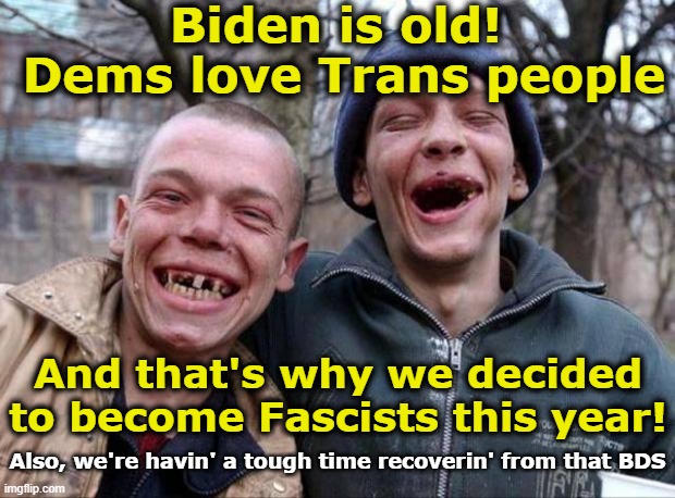 Biden is old!  Dems love Trans people And that's why we decided to become Fascists this year! Also, we're havin' a tough time recoverin' fro | image tagged in no teeth | made w/ Imgflip meme maker