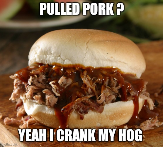 Pulled pork | PULLED PORK ? YEAH I CRANK MY HOG | image tagged in pulled pork | made w/ Imgflip meme maker