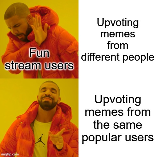 I guess those "popular" users aren't optional now | Upvoting memes from different people; Fun stream users; Upvoting memes from the same popular users | image tagged in memes,drake hotline bling,fun stream,funny | made w/ Imgflip meme maker