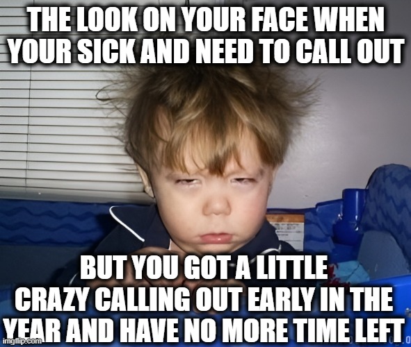 I did I not manage my time better | THE LOOK ON YOUR FACE WHEN YOUR SICK AND NEED TO CALL OUT; BUT YOU GOT A LITTLE CRAZY CALLING OUT EARLY IN THE YEAR AND HAVE NO MORE TIME LEFT | image tagged in the look on your face,pto,sicktime,sick,time management | made w/ Imgflip meme maker