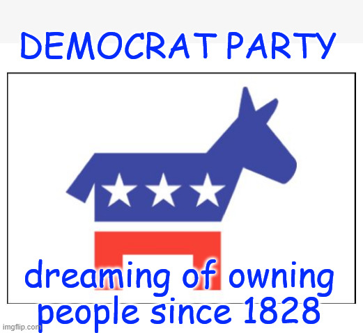 Why is it that the only people talking about owning someone are dems? | DEMOCRAT PARTY; dreaming of owning people since 1828 | image tagged in democrat party,why is it,the one ones talking about owning people | made w/ Imgflip meme maker