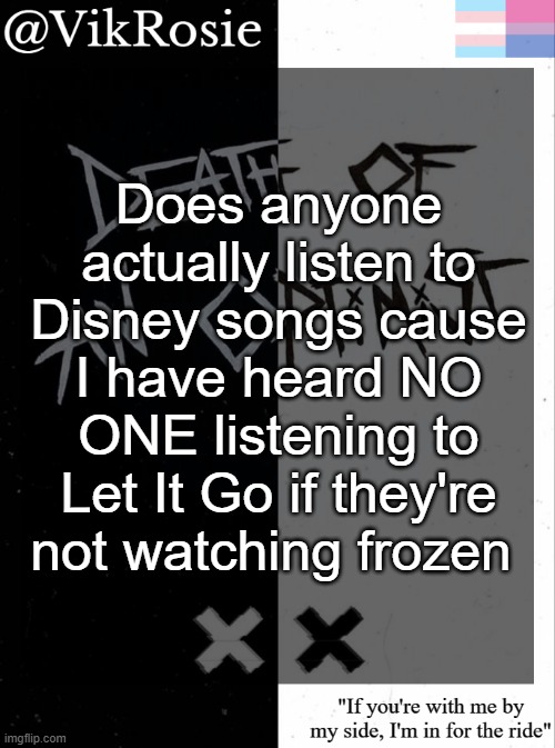 Rose's grandson temp | Does anyone actually listen to Disney songs cause I have heard NO ONE listening to Let It Go if they're not watching frozen | image tagged in rose's grandson temp | made w/ Imgflip meme maker