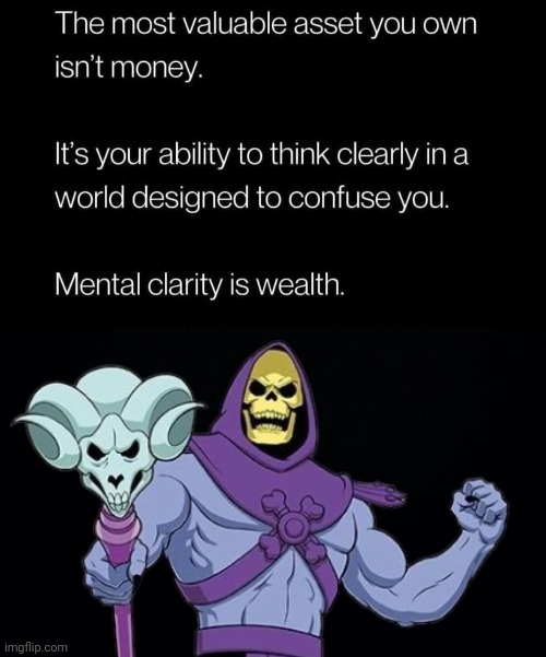 Mental clarity is wealth | image tagged in black background,skeletor,stay positive | made w/ Imgflip meme maker