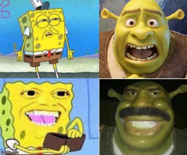 Shrek Harvey is better than ugly Shrek in Shrek 5. | image tagged in sponge bob wallet,shrek,shrek harvey,shrek 5,ugly shrek,memes | made w/ Imgflip meme maker