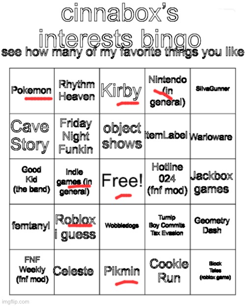 cinnabox’s interests bingo | image tagged in cinnabox s interests bingo | made w/ Imgflip meme maker